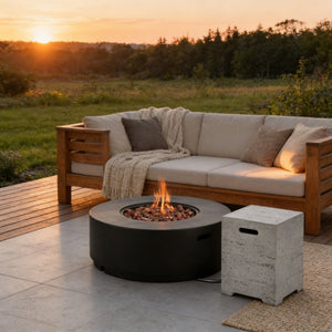 English Elm U_style 2 Piece Outdoor Propane Fire Pit Set with MGO Stone Finish and Tank Side Table WY000527AAB