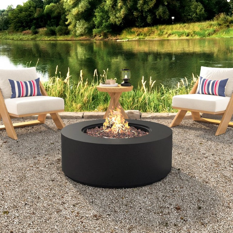 English Elm U_style 2 Piece Outdoor Propane Fire Pit Set with MGO Stone Finish and Tank Side Table WY000527AAB