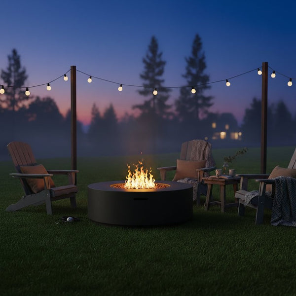 English Elm U_style 2 Piece Outdoor Propane Fire Pit Set with MGO Stone Finish and Tank Side Table WY000527AAB