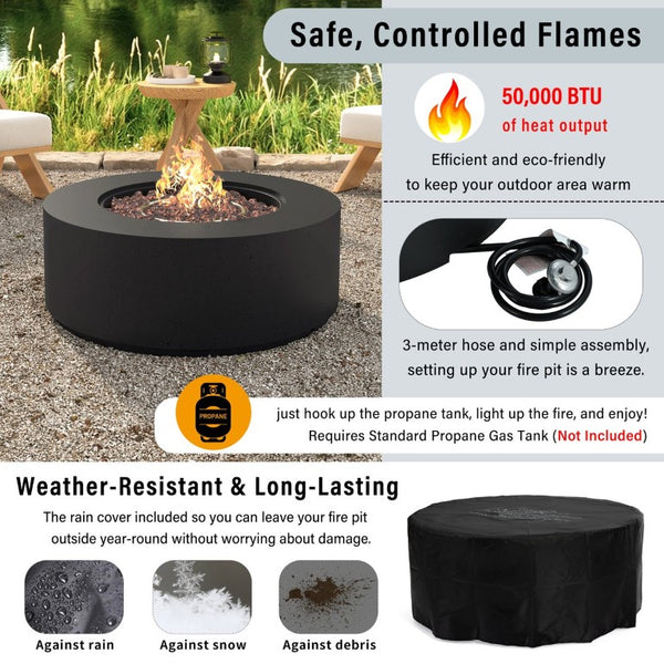 English Elm U_style 2 Piece Outdoor Propane Fire Pit Set with MGO Stone Finish and Tank Side Table WY000527AAB