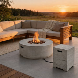 English Elm U_style Outdoor Propane Fire Pit Set with MGO Construction Lava Rocks and Tank Side Table WY000527AAE