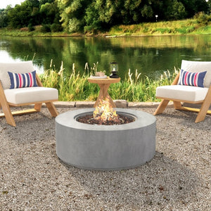 English Elm U_style Outdoor Propane Fire Pit Set with MGO Construction Lava Rocks and Tank Side Table WY000527AAE