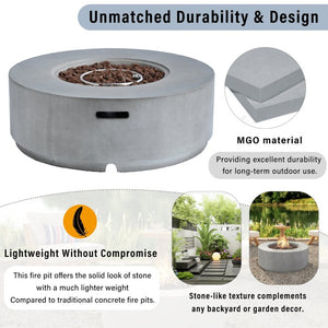 English Elm U_style Outdoor Propane Fire Pit Set with MGO Construction Lava Rocks and Tank Side Table WY000527AAE