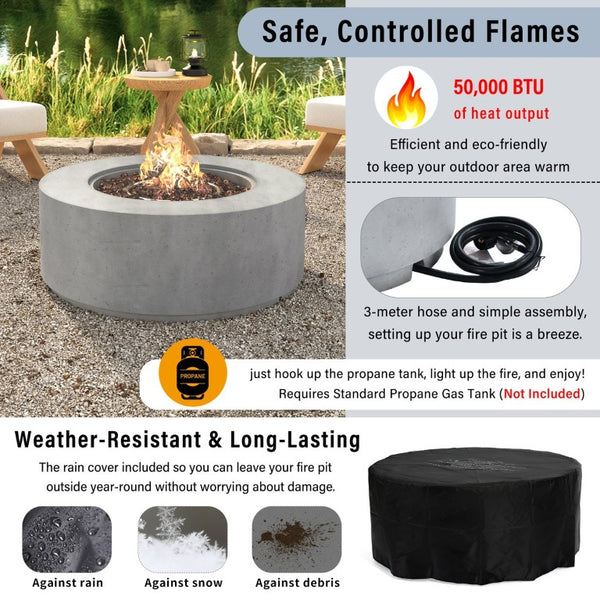 English Elm U_style Outdoor Propane Fire Pit Set with MGO Construction Lava Rocks and Tank Side Table WY000527AAE