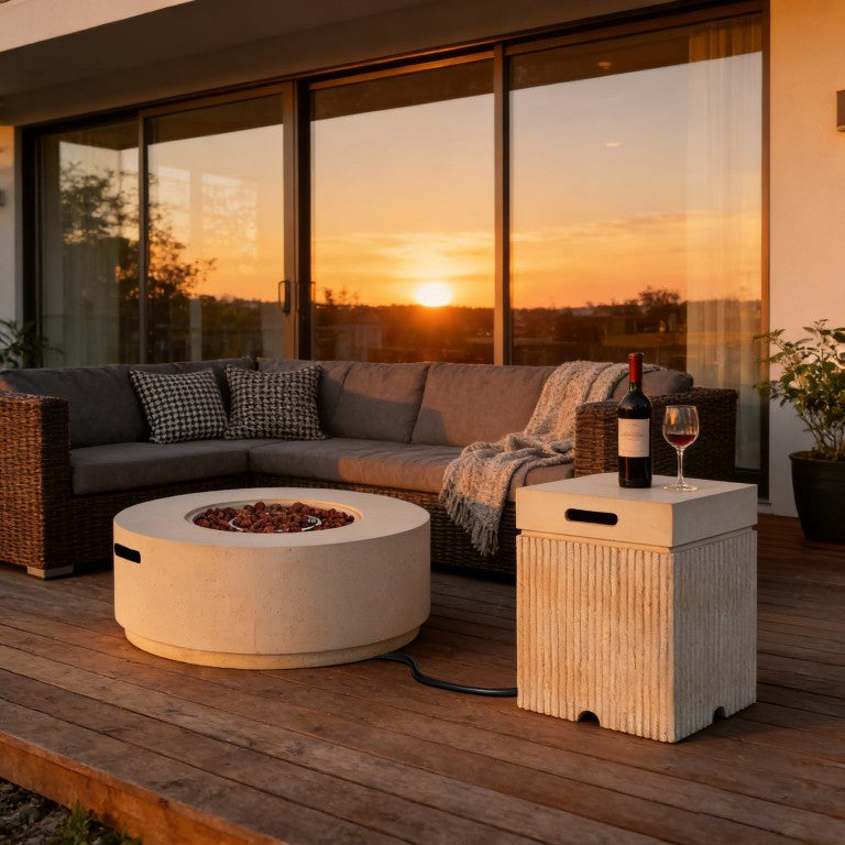 English Elm U_style Outdoor Faux Stone Fire Pit Set with MGO Tank Cover Table and Lava Rocks Beige,Brown WY000528AAA