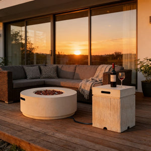 English Elm U_style Outdoor Faux Stone Fire Pit Set with MGO Tank Cover Table and Lava Rocks Beige,Brown WY000528AAA