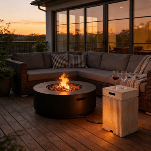 English Elm U_style Outdoor Faux Stone Fire Pit Set with MGO Tank Cover Table and Lava Rocks Black,Brown WY000528AAB