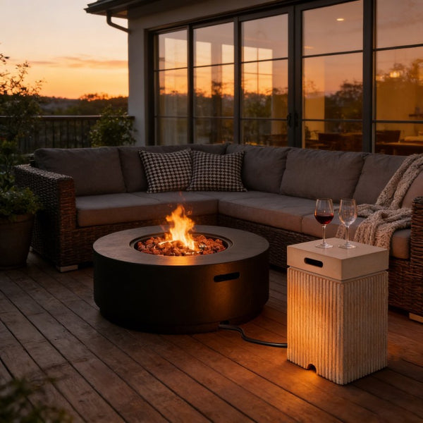 English Elm U_style Outdoor Faux Stone Fire Pit Set with MGO Tank Cover Table and Lava Rocks Black,Brown WY000528AAB