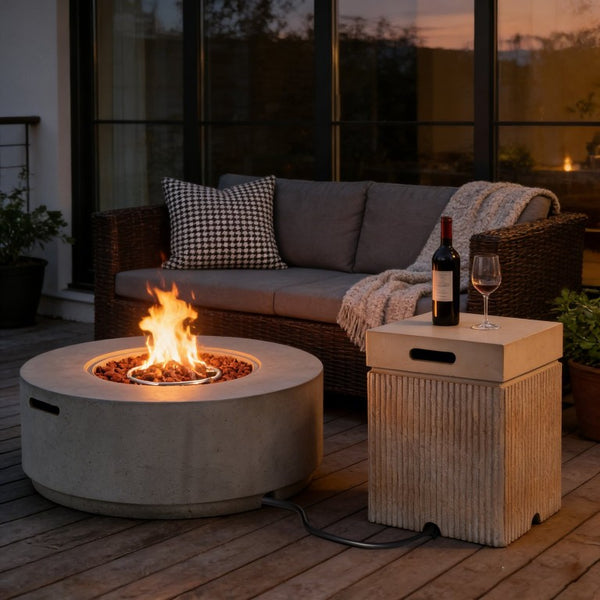 English Elm U_style Outdoor Faux Stone Fire Pit Set with MGO Tank Cover Table and Lava Rocks Brown,Gray WY000528AAE