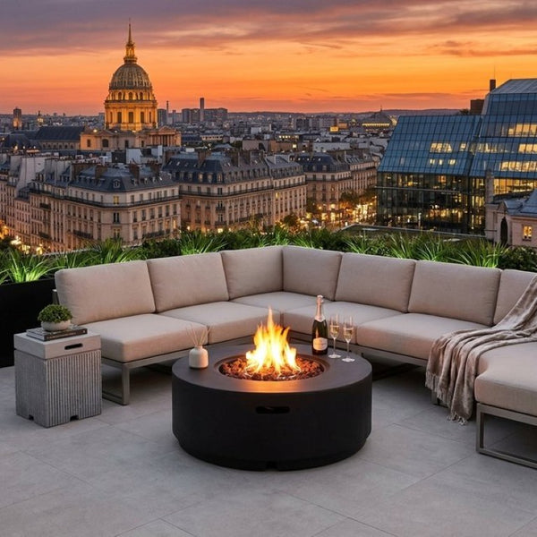 English Elm U_style Outdoor Faux Stone Fire Pit Set with MGO Tank Cover Table and Lava Rocks Black,Gray - B WY000530AAB