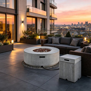 English Elm U_style Outdoor Faux Stone Fire Pit Set with MGO Tank Cover Table and Lava Rocks Gray WY000530AAE