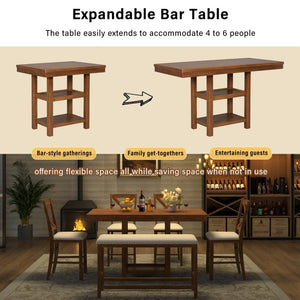English Elm U_style Rubberwood Expandable Farmhouse Counter Pub Set with Bench Four Chairs Brown WY000534AAD
