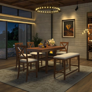 English Elm U_style Rubberwood Expandable Farmhouse Counter Pub Set with Bench Four Chairs Brown WY000534AAD