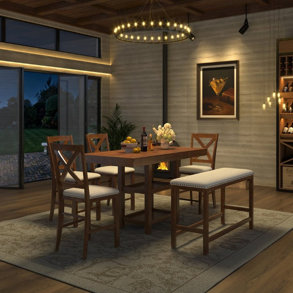 English Elm U_style Rubberwood Expandable Farmhouse Counter Pub Set with Bench Four Chairs Brown WY000534AAD