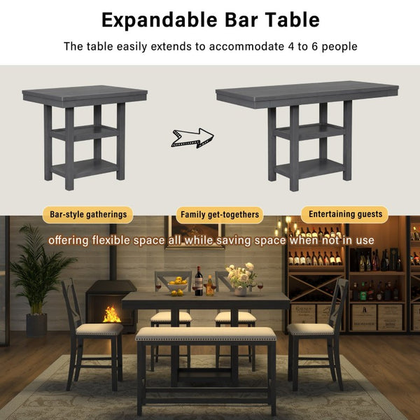 English Elm U_style Rubberwood Expandable Farmhouse Counter Pub Set with Bench Four Chairs Grey WY000534AAE