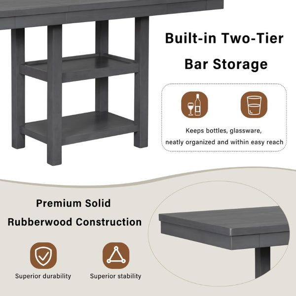English Elm U_style Rubberwood Expandable Farmhouse Counter Pub Set with Bench Four Chairs Grey WY000534AAE