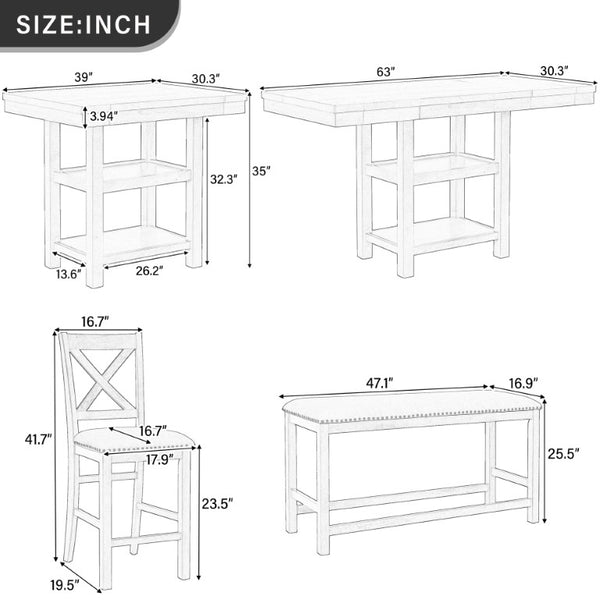 English Elm U_style Rubberwood Expandable Farmhouse Counter Pub Set with Bench Four Chairs Grey WY000534AAE
