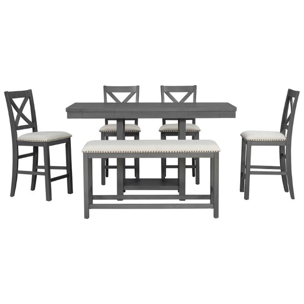English Elm U_style Rubberwood Expandable Farmhouse Counter Pub Set with Bench Four Chairs Grey WY000534AAE