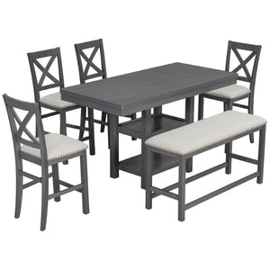 English Elm U_style Rubberwood Expandable Farmhouse Counter Pub Set with Bench Four Chairs Grey WY000534AAE