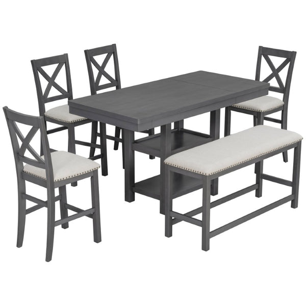English Elm U_style Rubberwood Expandable Farmhouse Counter Pub Set with Bench Four Chairs Grey WY000534AAE
