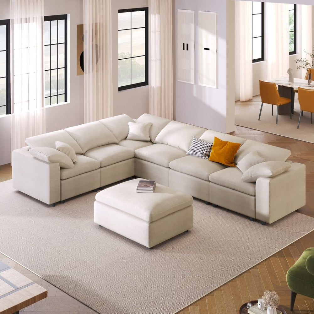 English Elm U_style Seven Seat Modular Sectional Chenille Sofa with Pine Frame and Movable Ottoman Beige WY000535AAA