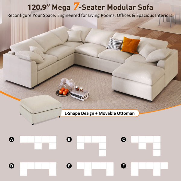 English Elm U_style Seven Seat Modular Sectional Chenille Sofa with Pine Frame and Movable Ottoman Beige WY000535AAA