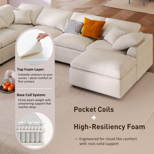 English Elm U_style Seven Seat Modular Sectional Chenille Sofa with Pine Frame and Movable Ottoman Beige WY000535AAA