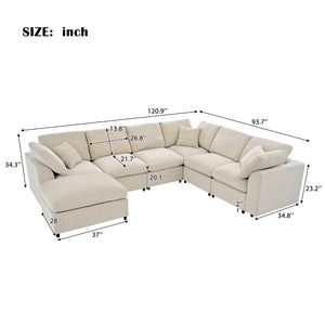 English Elm U_style Seven Seat Modular Sectional Chenille Sofa with Pine Frame and Movable Ottoman Beige WY000535AAA