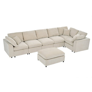 English Elm U_style Seven Seat Modular Sectional Chenille Sofa with Pine Frame and Movable Ottoman Beige WY000535AAA