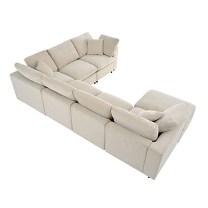 English Elm U_style Seven Seat Modular Sectional Chenille Sofa with Pine Frame and Movable Ottoman Beige WY000535AAA