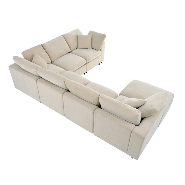 English Elm U_style Seven Seat Modular Sectional Chenille Sofa with Pine Frame and Movable Ottoman Beige WY000535AAA