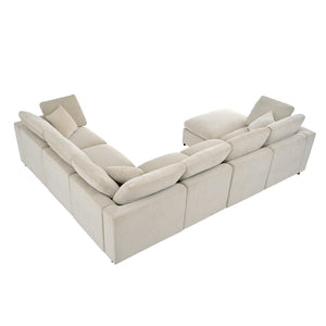 English Elm U_style Seven Seat Modular Sectional Chenille Sofa with Pine Frame and Movable Ottoman Beige WY000535AAA