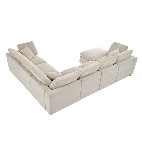 English Elm U_style Seven Seat Modular Sectional Chenille Sofa with Pine Frame and Movable Ottoman Beige WY000535AAA