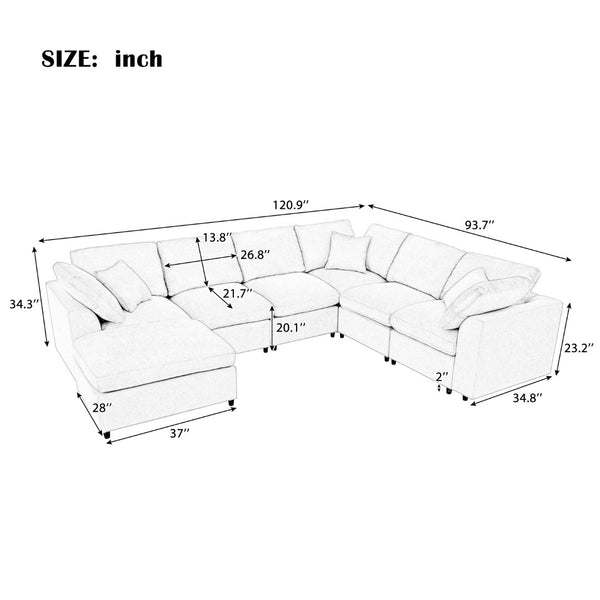English Elm U_style Seven Seat Modular Sectional Chenille Sofa with Pine Frame and Movable Ottoman Gray WY000535AAE