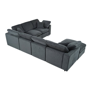 English Elm U_style Seven Seat Modular Sectional Chenille Sofa with Pine Frame and Movable Ottoman Gray WY000535AAE