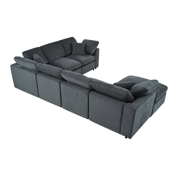 English Elm U_style Seven Seat Modular Sectional Chenille Sofa with Pine Frame and Movable Ottoman Gray WY000535AAE