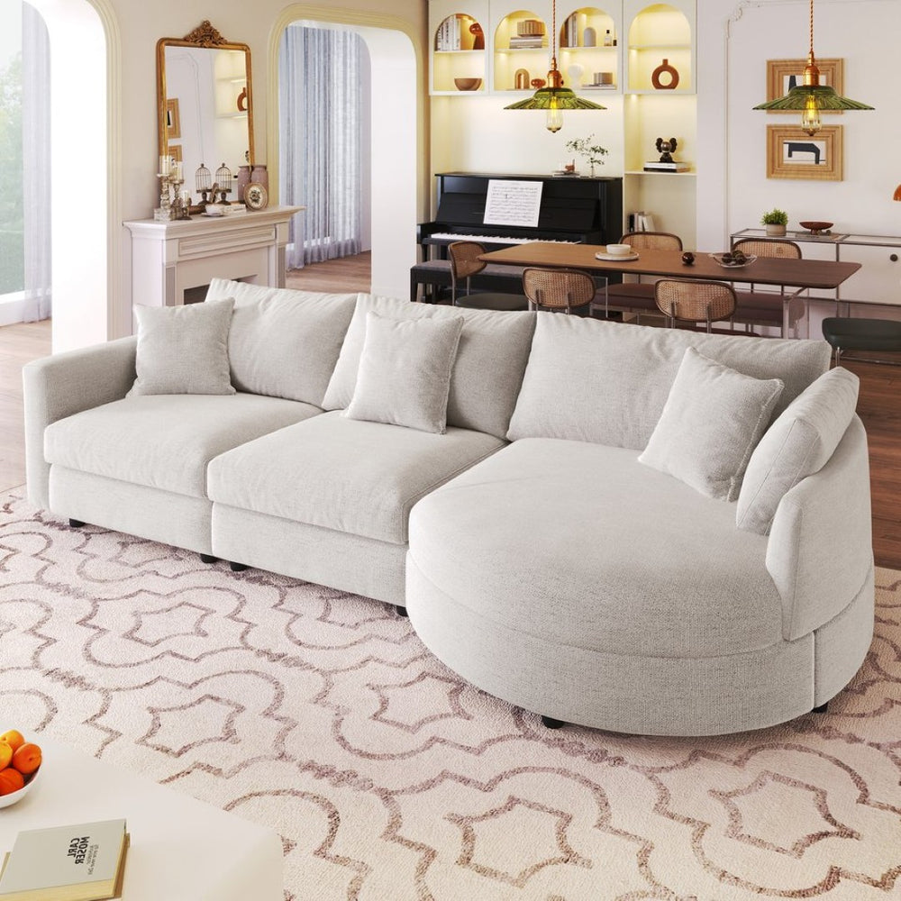 English Elm U_style Chenille Sectional Sofa Curved Chaise Pine Frame Living Room Comfort Seating Beige WY000536AAA