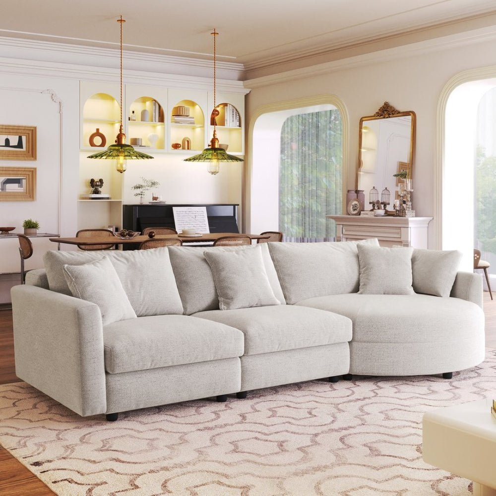 English Elm U_style Chenille Sectional Sofa Curved Chaise Pine Frame Living Room Comfort Seating Beige WY000536AAA