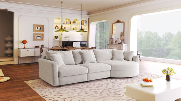 English Elm U_style Chenille Sectional Sofa Curved Chaise Pine Frame Living Room Comfort Seating Beige WY000536AAA