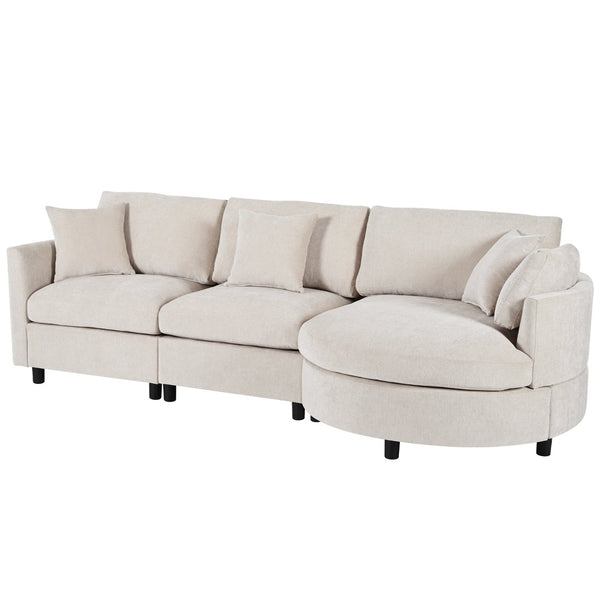 English Elm U_style Chenille Sectional Sofa Curved Chaise Pine Frame Living Room Comfort Seating Beige WY000536AAA