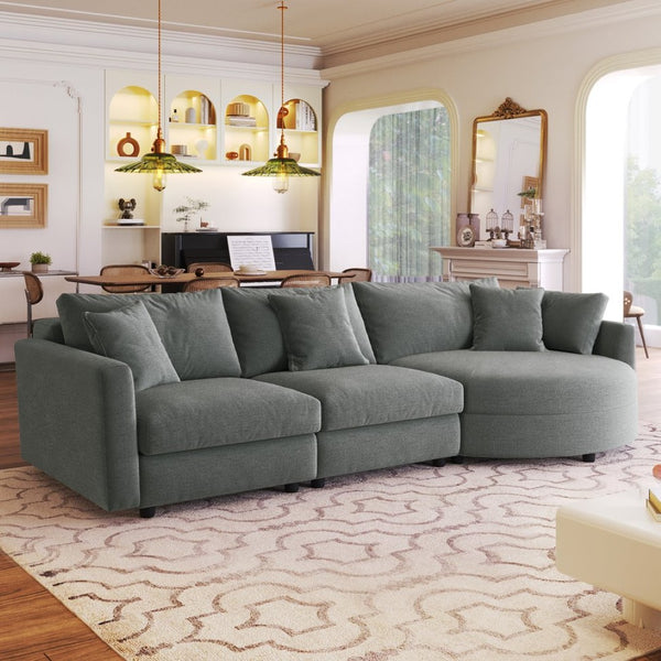 English Elm U_style Chenille Sectional Sofa Curved Chaise Pine Frame Living Room Comfort Seating Grey WY000536AAE