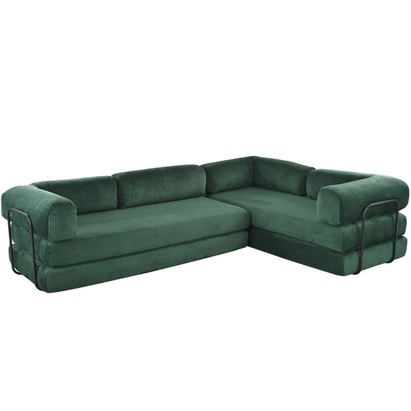 English Elm U_style Modular Corduroy Sectional Sofa with Industrial Frame Converts to Sleeper Green WY000537AAC