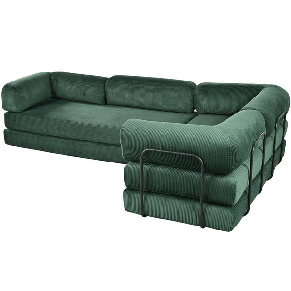 English Elm U_style Modular Corduroy Sectional Sofa with Industrial Frame Converts to Sleeper Green WY000537AAC