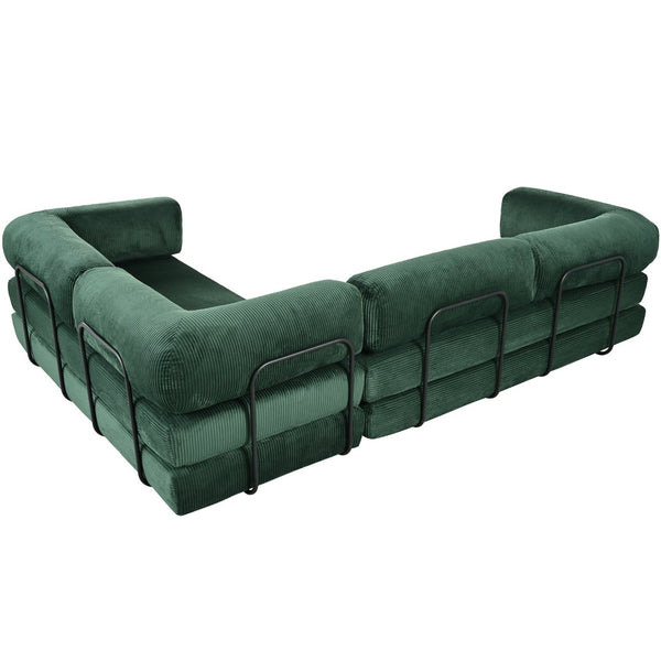 English Elm U_style Modular Corduroy Sectional Sofa with Industrial Frame Converts to Sleeper Green WY000537AAC