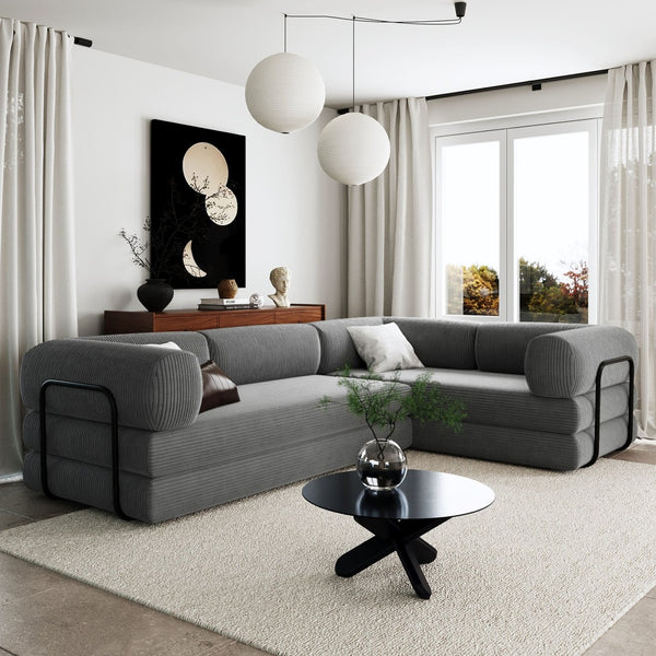 English Elm U_style Modular Corduroy Sectional Sofa with Industrial Frame Converts to Sleeper Grey WY000537AAE
