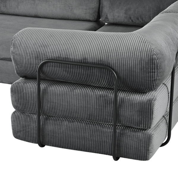 English Elm U_style Modular Corduroy Sectional Sofa with Industrial Frame Converts to Sleeper Grey WY000537AAE