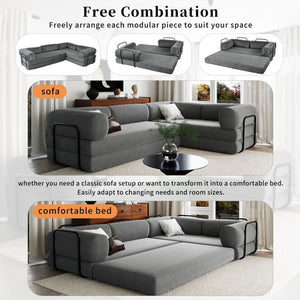 English Elm U_style Modular Corduroy Sectional Sofa with Industrial Frame Converts to Sleeper Grey WY000537AAE