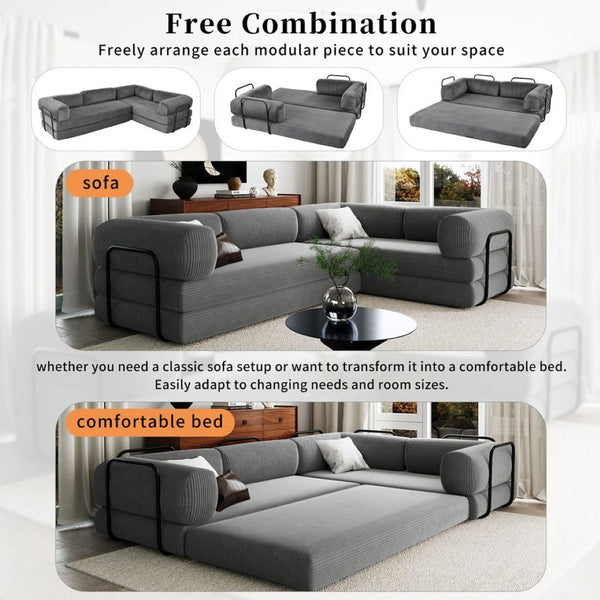 English Elm U_style Modular Corduroy Sectional Sofa with Industrial Frame Converts to Sleeper Grey WY000537AAE