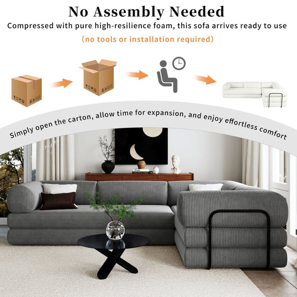 English Elm U_style Modular Corduroy Sectional Sofa with Industrial Frame Converts to Sleeper Grey WY000537AAE