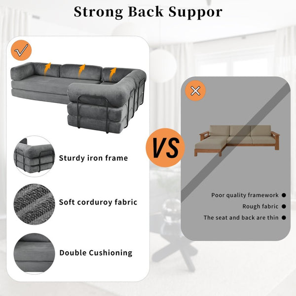 English Elm U_style Modular Corduroy Sectional Sofa with Industrial Frame Converts to Sleeper Grey WY000537AAE